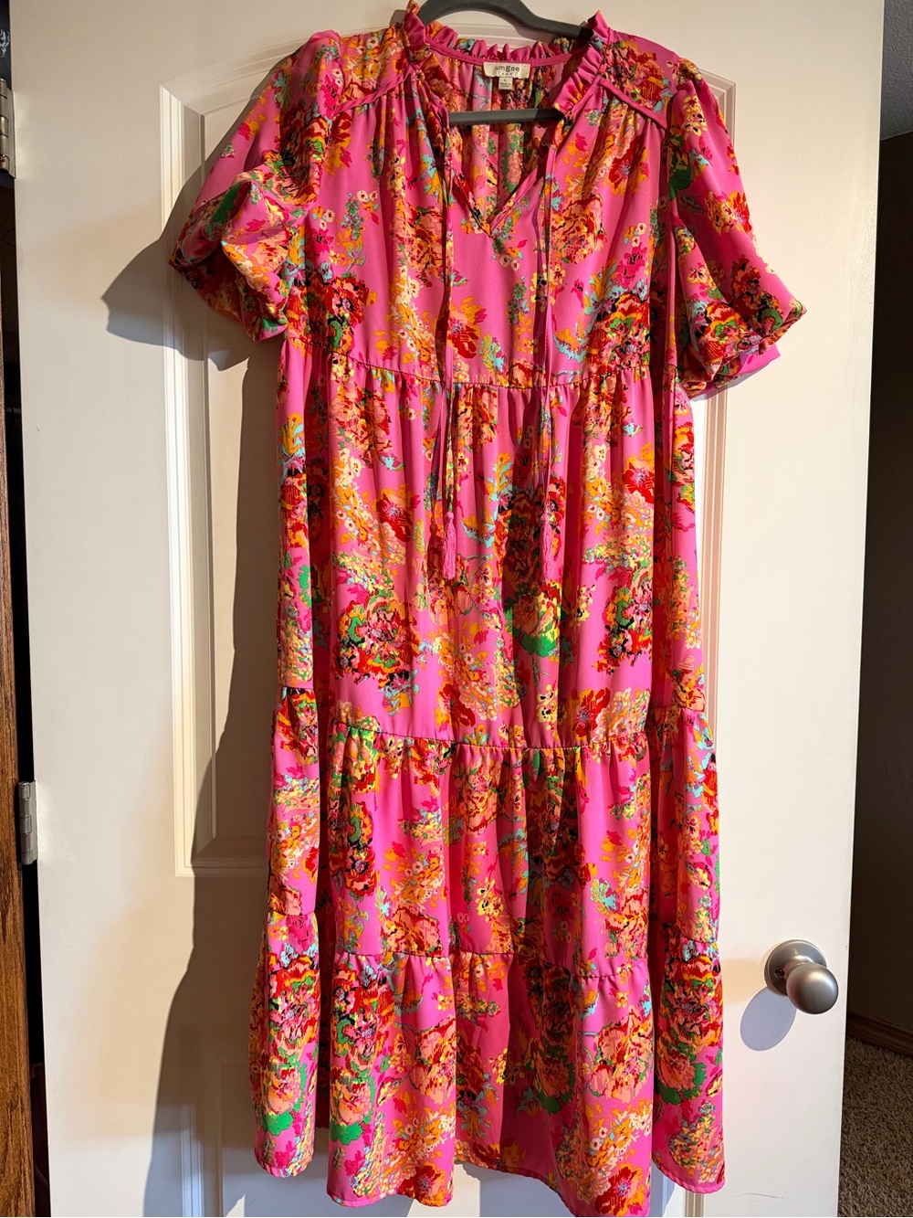 Umgee Hot Pink Floral Tiered Midi Dress with Puff Sleeves